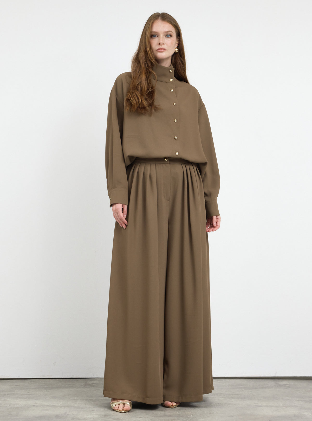 Brown Pleated Wide-Leg Trouser Shirt -Set - Store WF