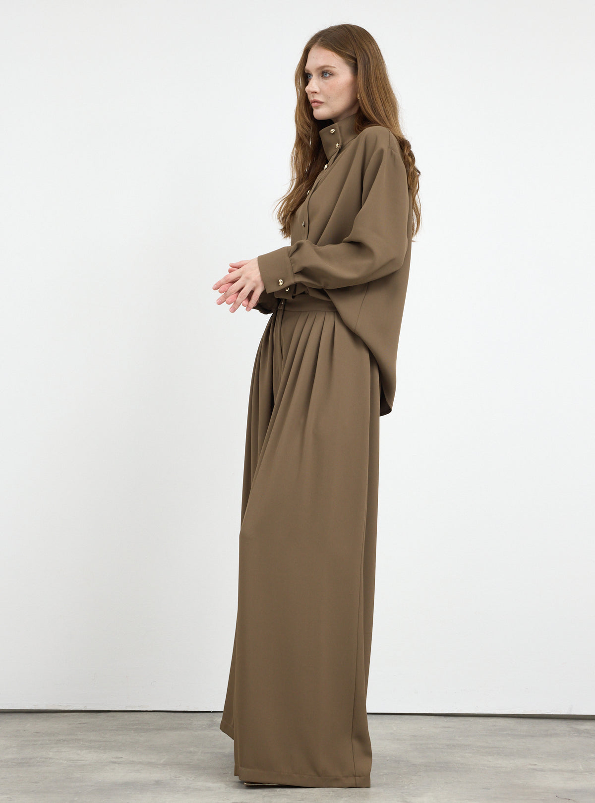 Brown Pleated Wide-Leg Trouser Shirt -Set - Store WF