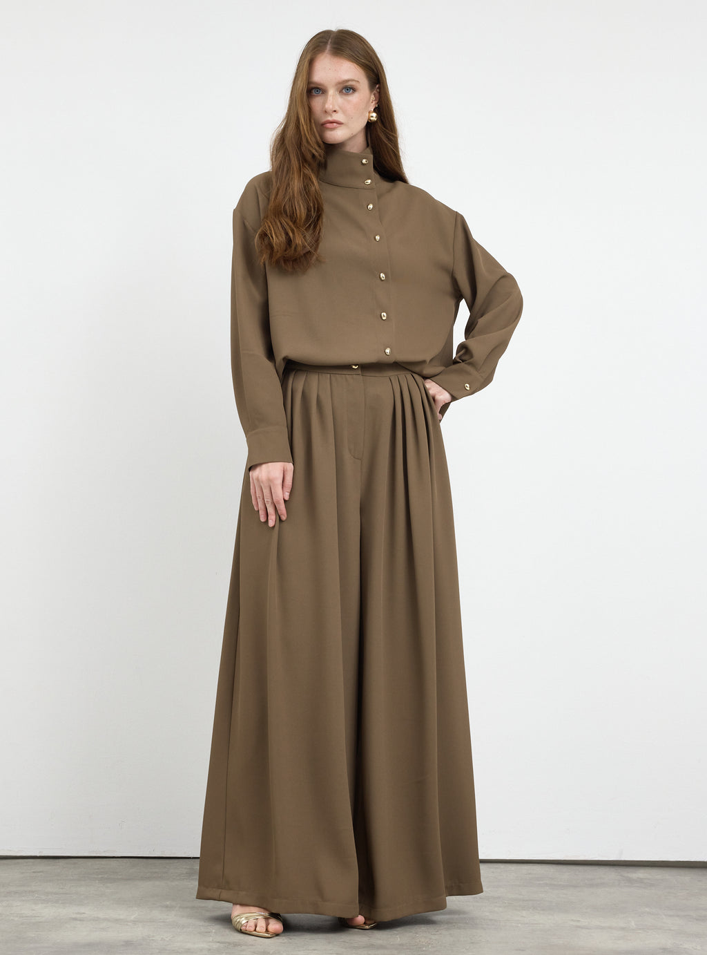Brown Pleated Wide-Leg Trouser Shirt -Set - Store WF