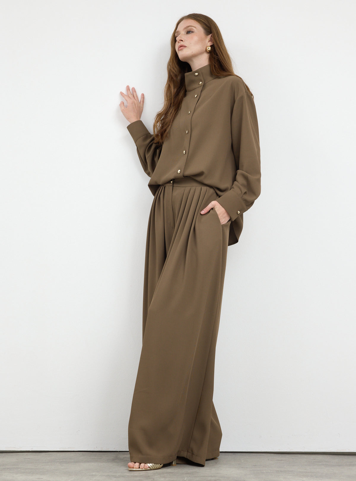 Brown Pleated Wide-Leg Trouser Shirt -Set - Store WF