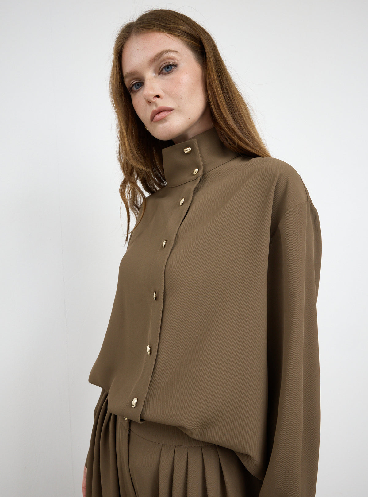 Brown Pleated Wide-Leg Trouser Shirt -Set - Store WF