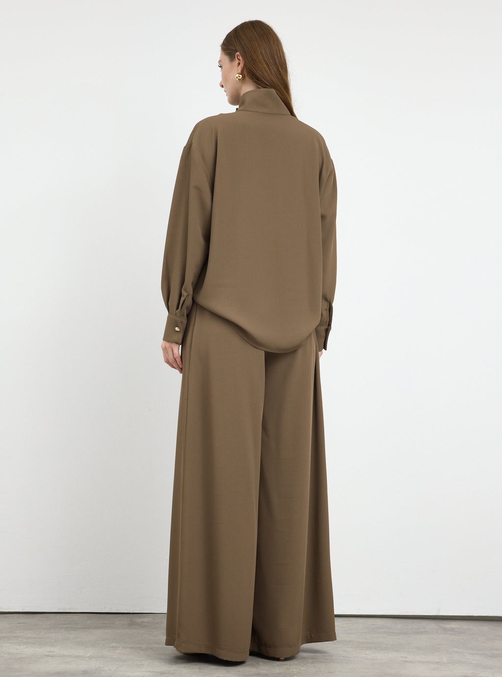 Brown Pleated Wide-Leg Trouser Shirt -Set - Store WF