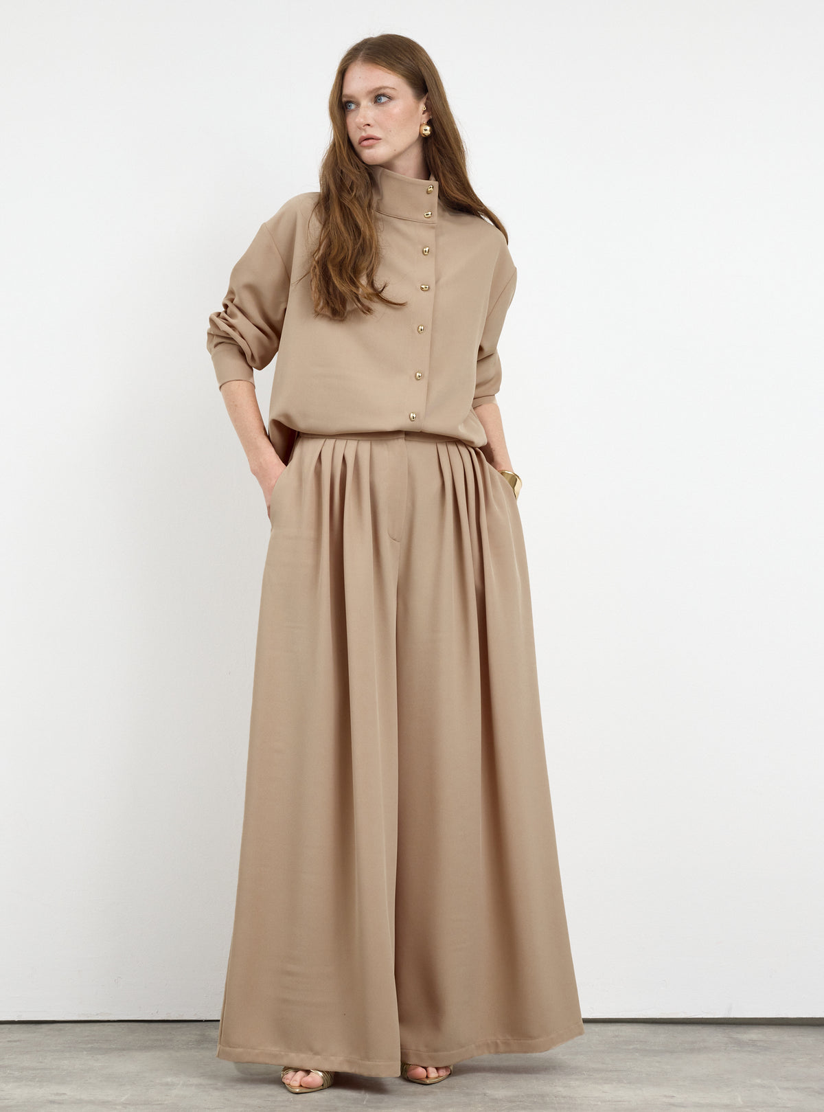 Nude Pleated Wide-Leg Trouser Shirt -Set - Store WF