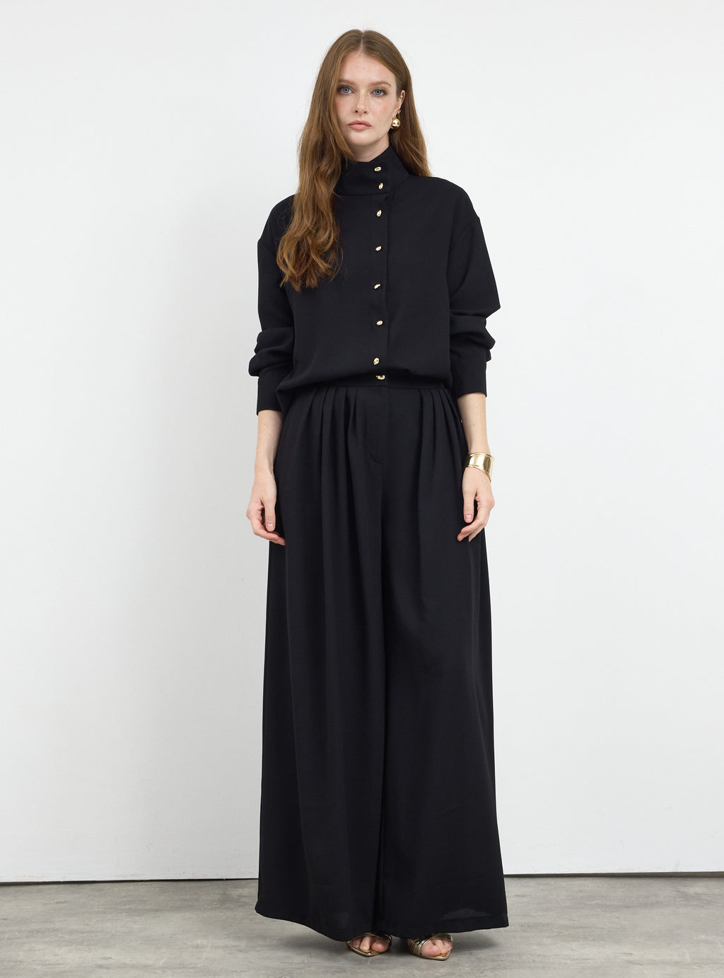 Black Pleated Wide-Leg Trouser Shirt -Set