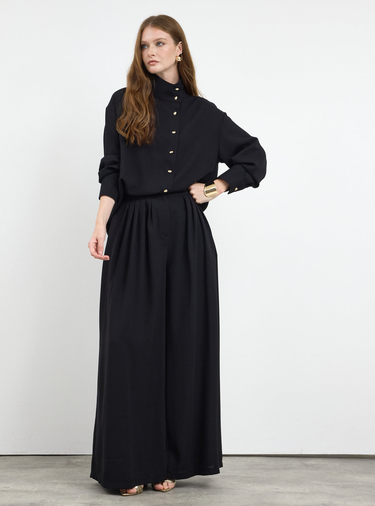 Black Pleated Wide-Leg Trouser Shirt -Set