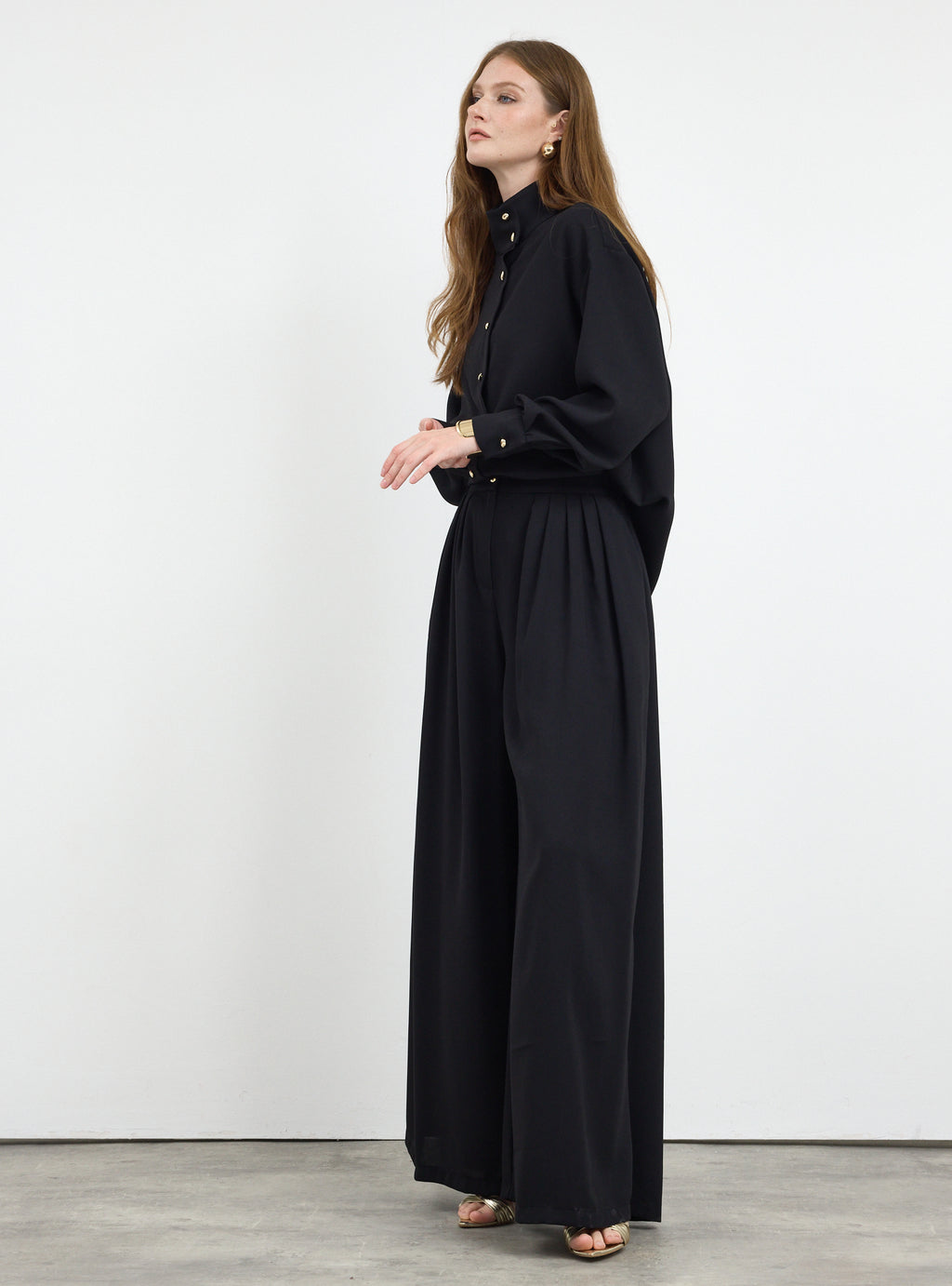 Black Pleated Wide-Leg Trouser Shirt -Set