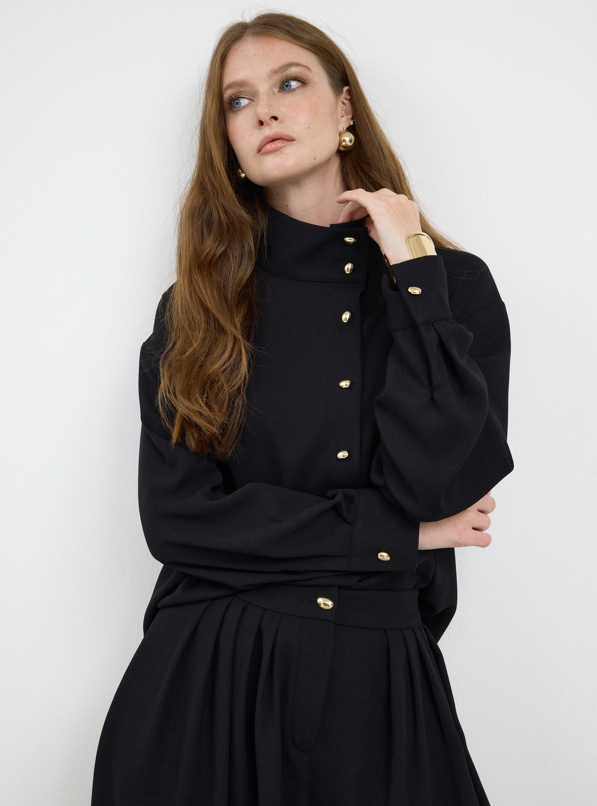 Black Pleated Wide-Leg Trouser Shirt -Set