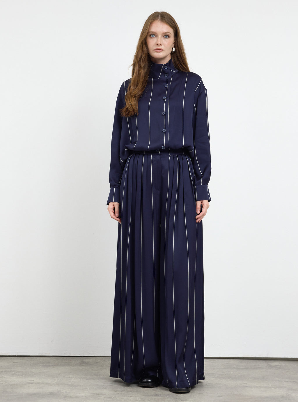 Navy Stripe Pleated Wide-Leg Trouser Shirt -Set