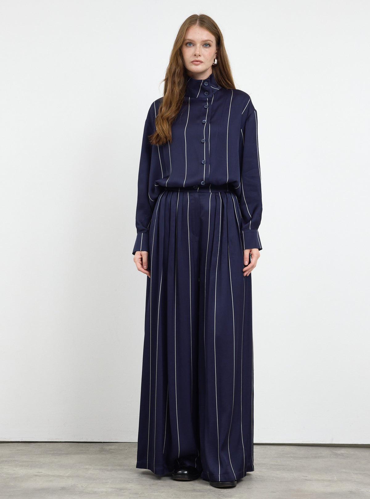 Navy Stripe Pleated Wide-Leg Trouser Shirt -Set