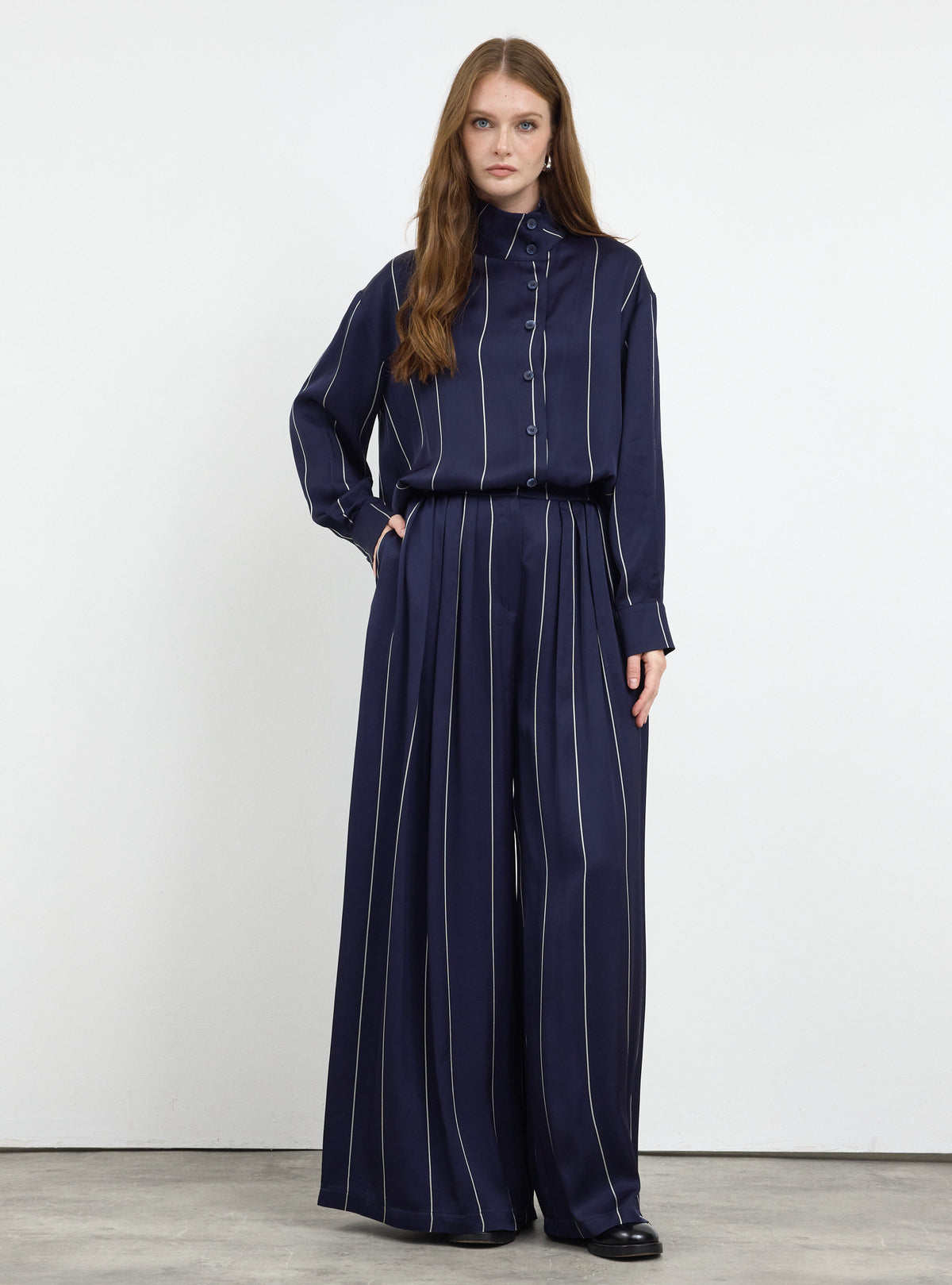Navy Stripe Pleated Wide-Leg Trouser Shirt -Set
