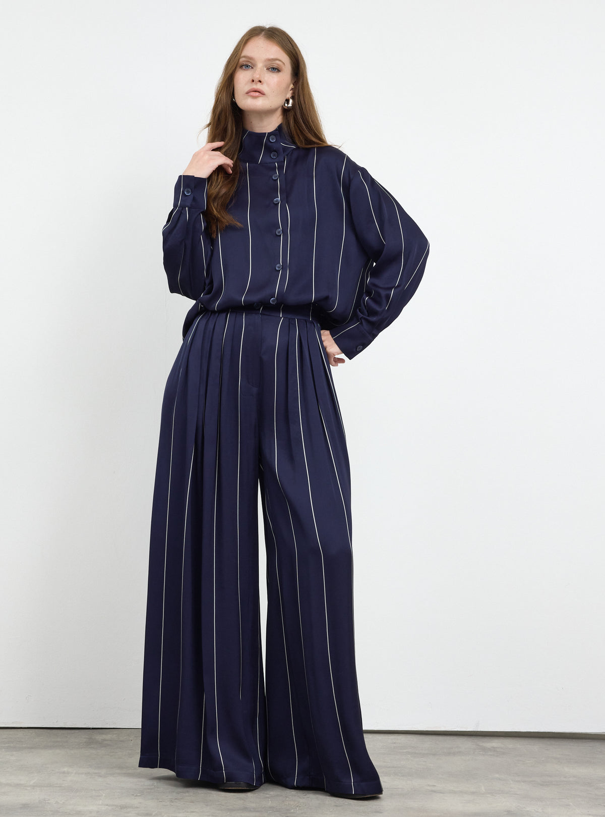 Navy Stripe Pleated Wide-Leg Trouser Shirt -Set