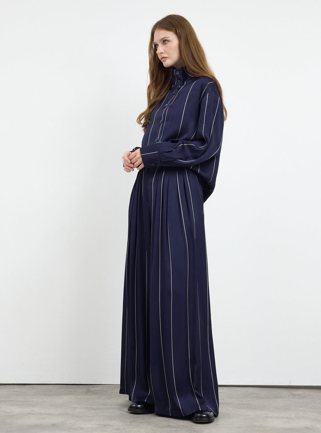 Navy Stripe Pleated Wide-Leg Trouser Shirt -Set