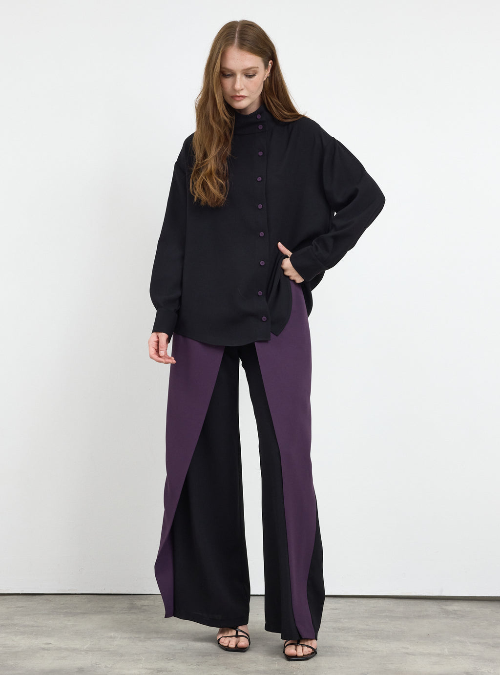 Black-Purple Shirt & Wide-Leg Trousers Set