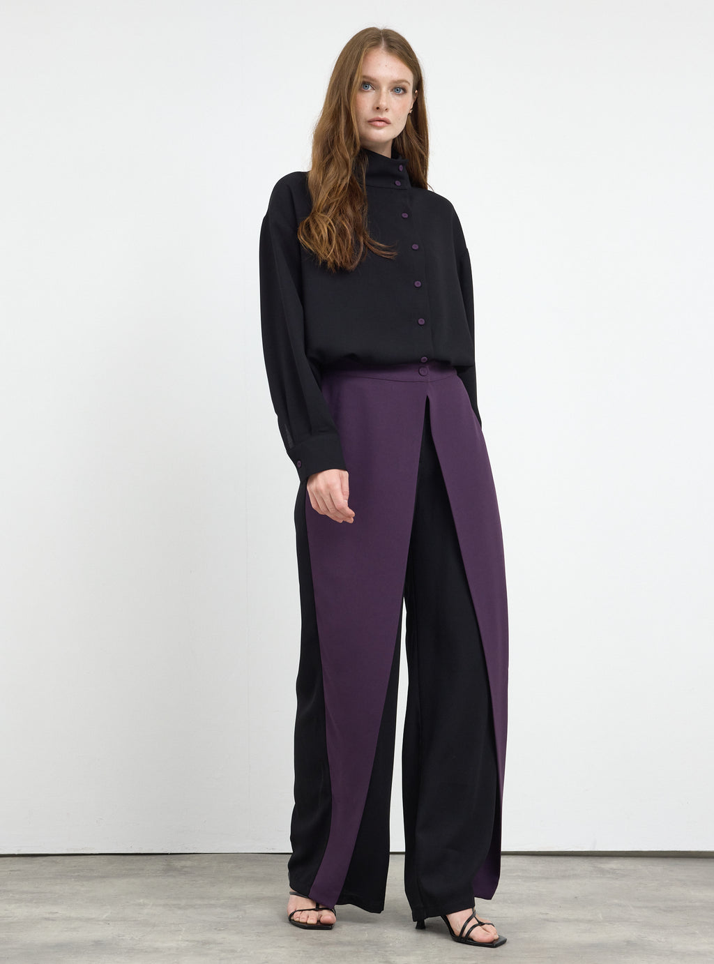 Black-Purple Shirt & Wide-Leg Trousers Set