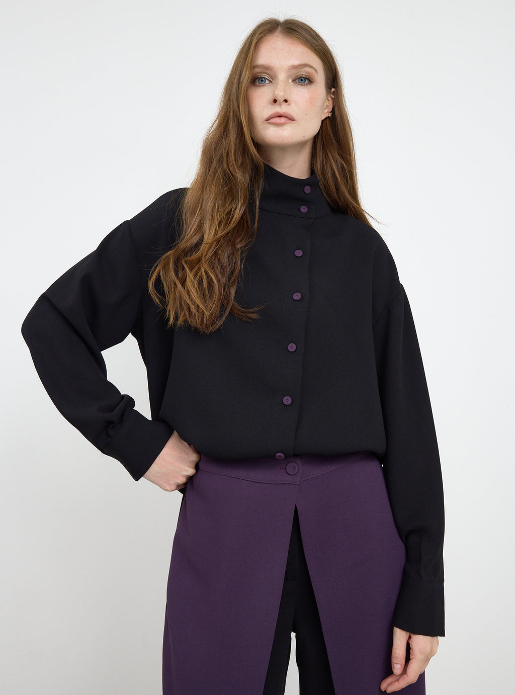 Black-Purple Shirt & Wide-Leg Trousers Set