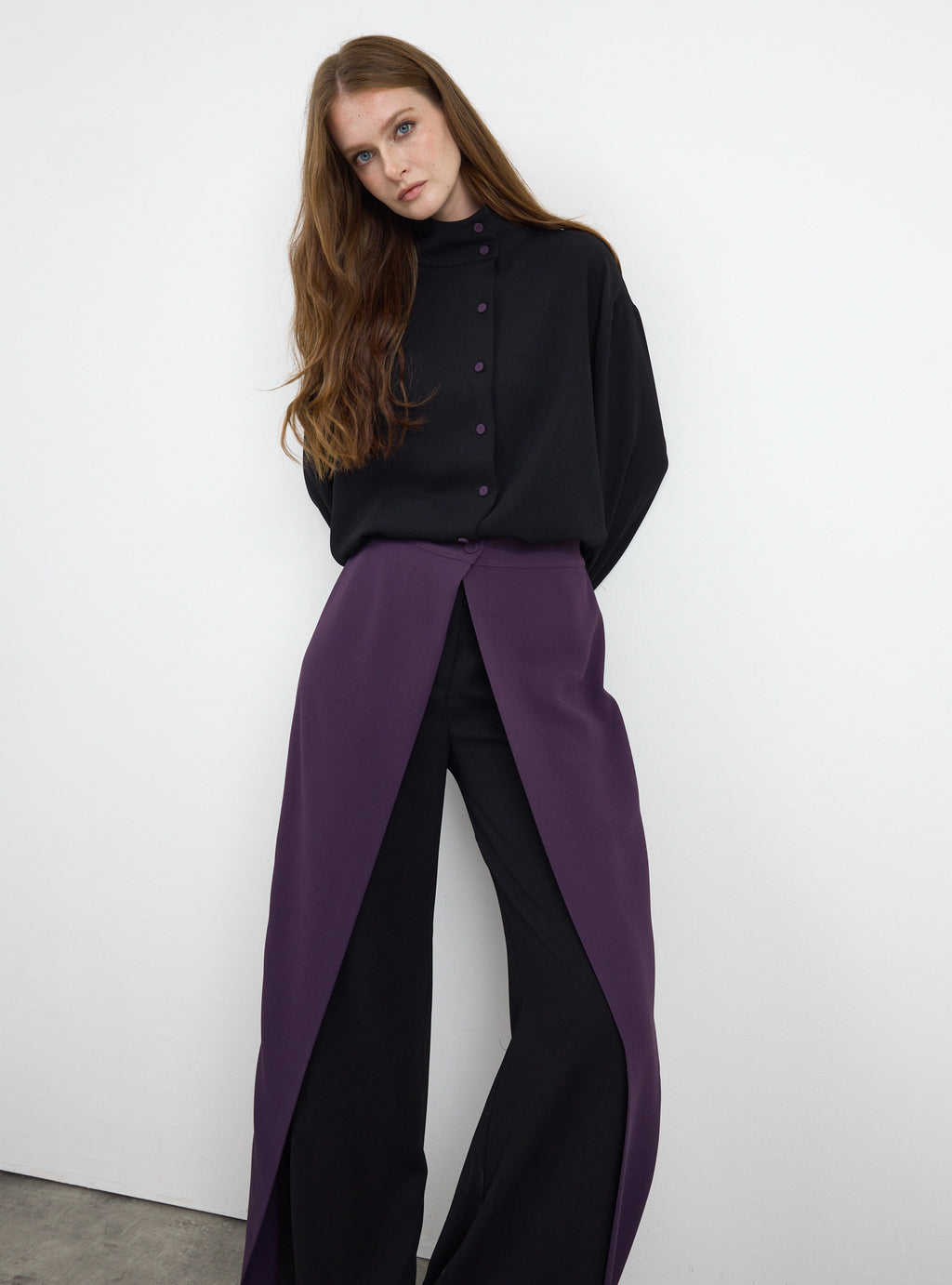 Black-Purple Shirt & Wide-Leg Trousers Set