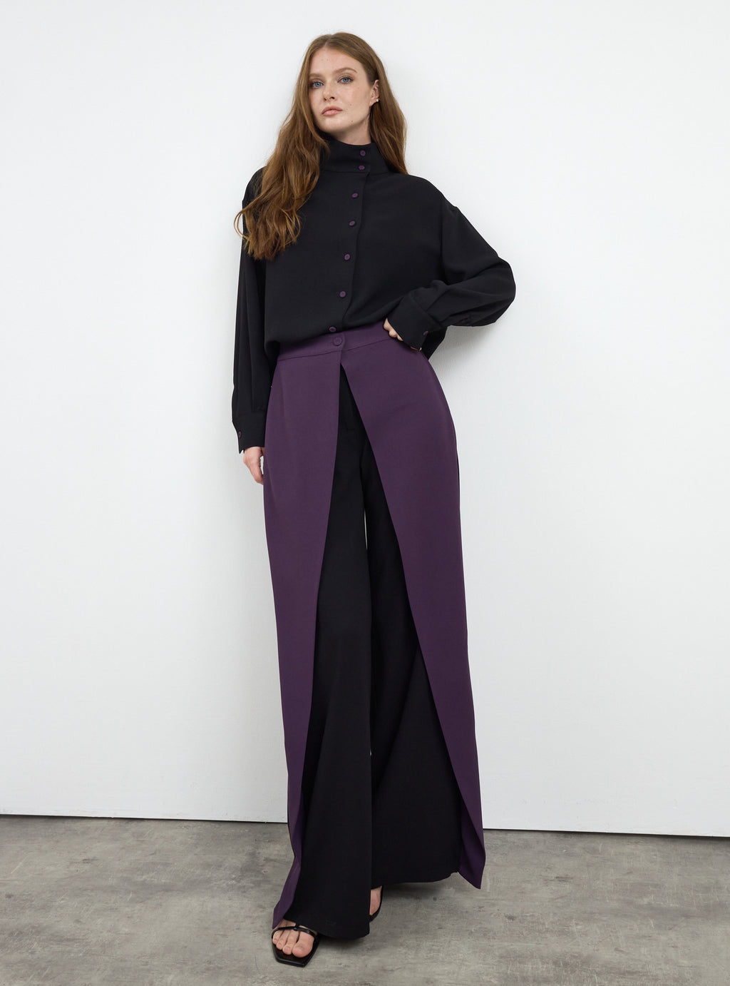 Black-Purple Shirt & Wide-Leg Trousers Set