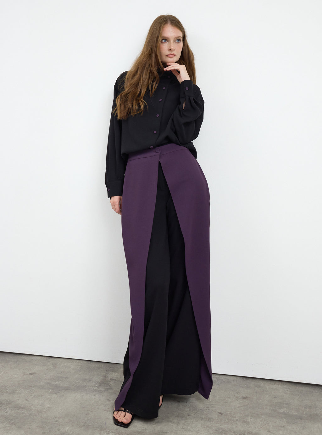 Black-Purple Shirt & Wide-Leg Trousers Set