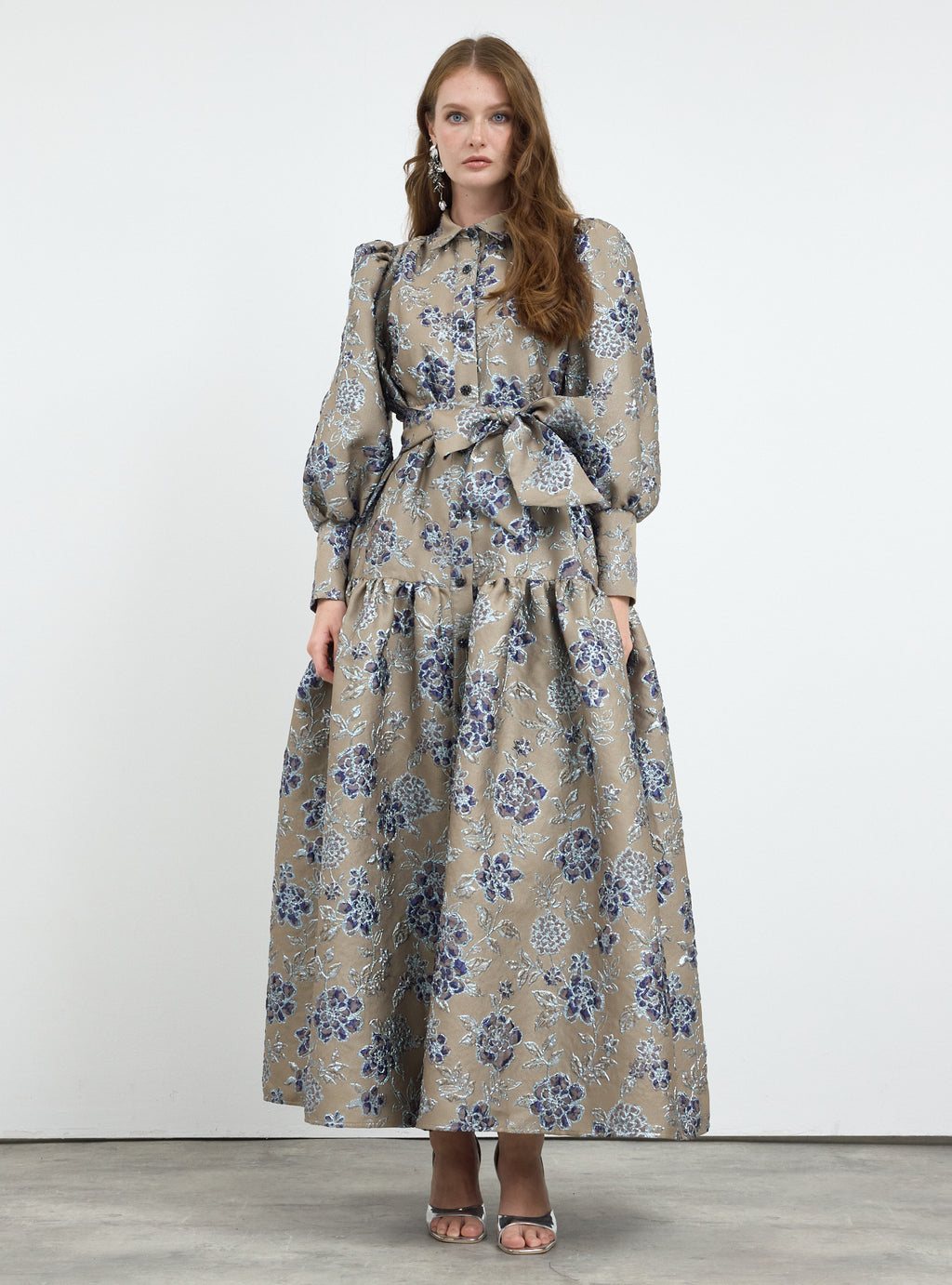 Crystal Button Jacquard Maxi Dress