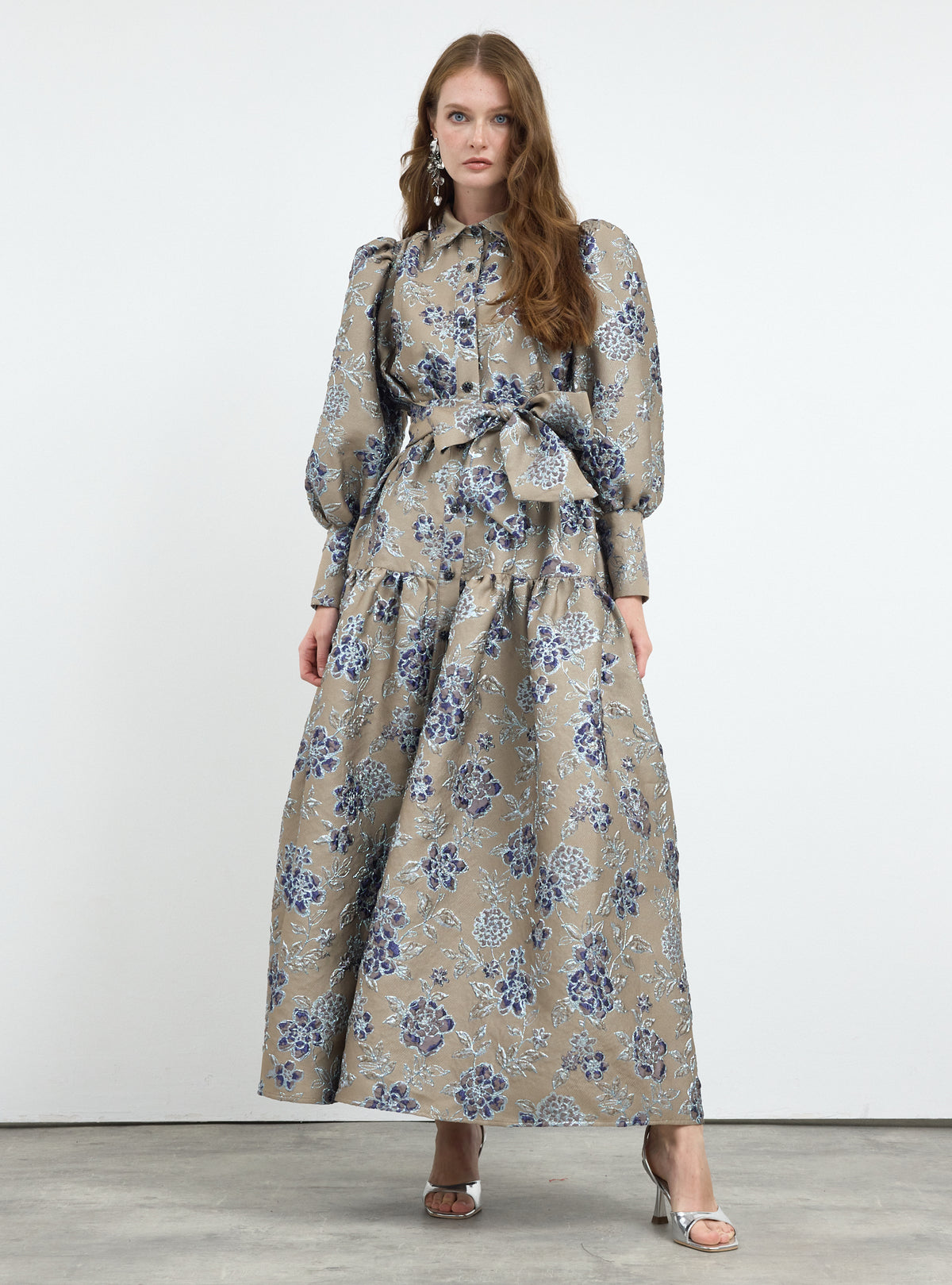 Crystal Button Jacquard Maxi Dress
