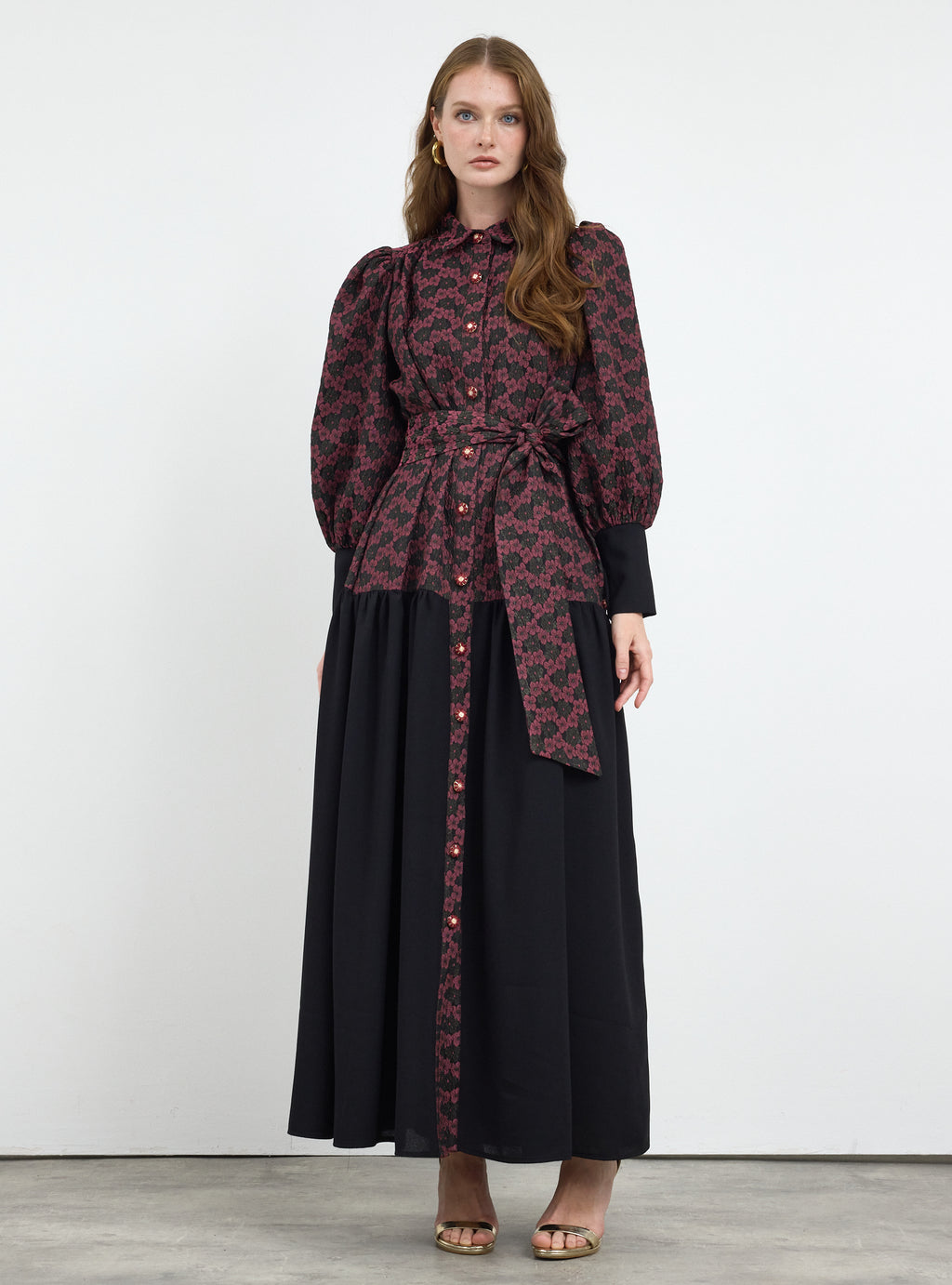 Burgundy Crystal Button Jacquard Maxi Dress