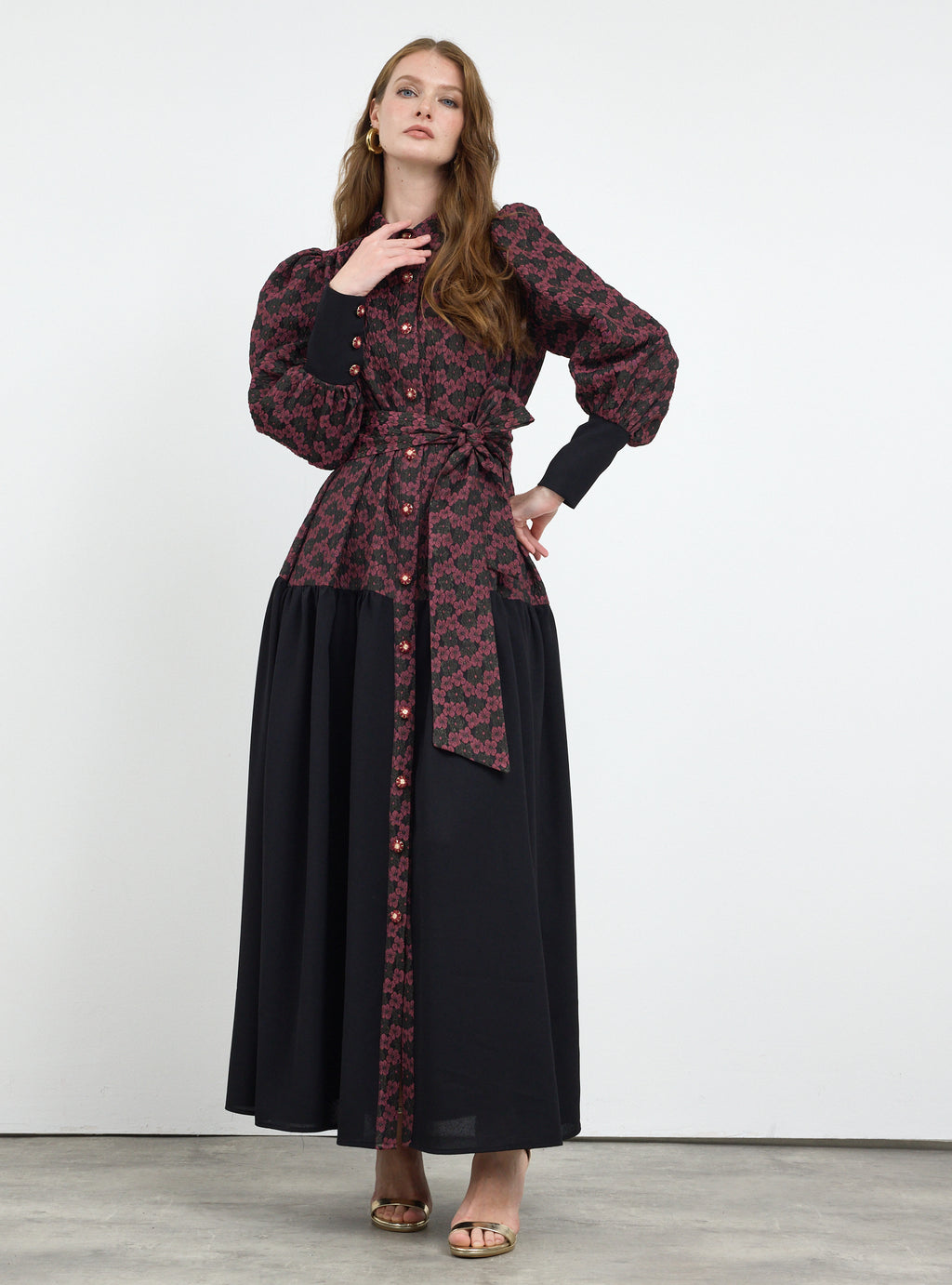 Burgundy Crystal Button Jacquard Maxi Dress