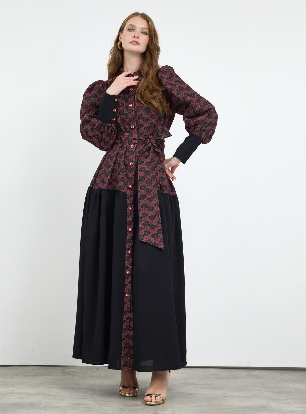 Burgundy Crystal Button Jacquard Maxi Dress