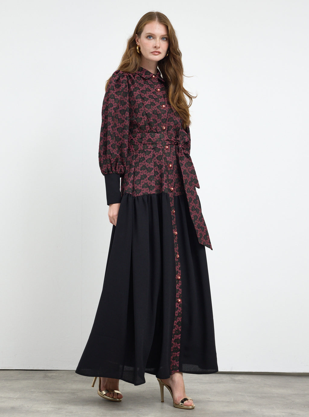 Burgundy Crystal Button Jacquard Maxi Dress