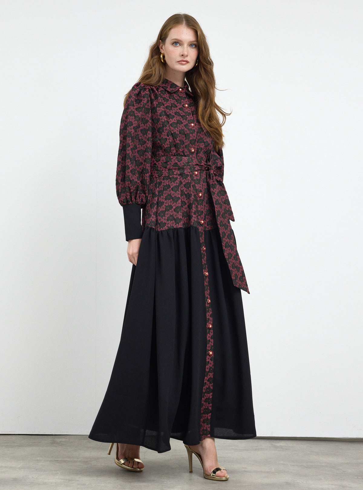 Burgundy Crystal Button Jacquard Maxi Dress