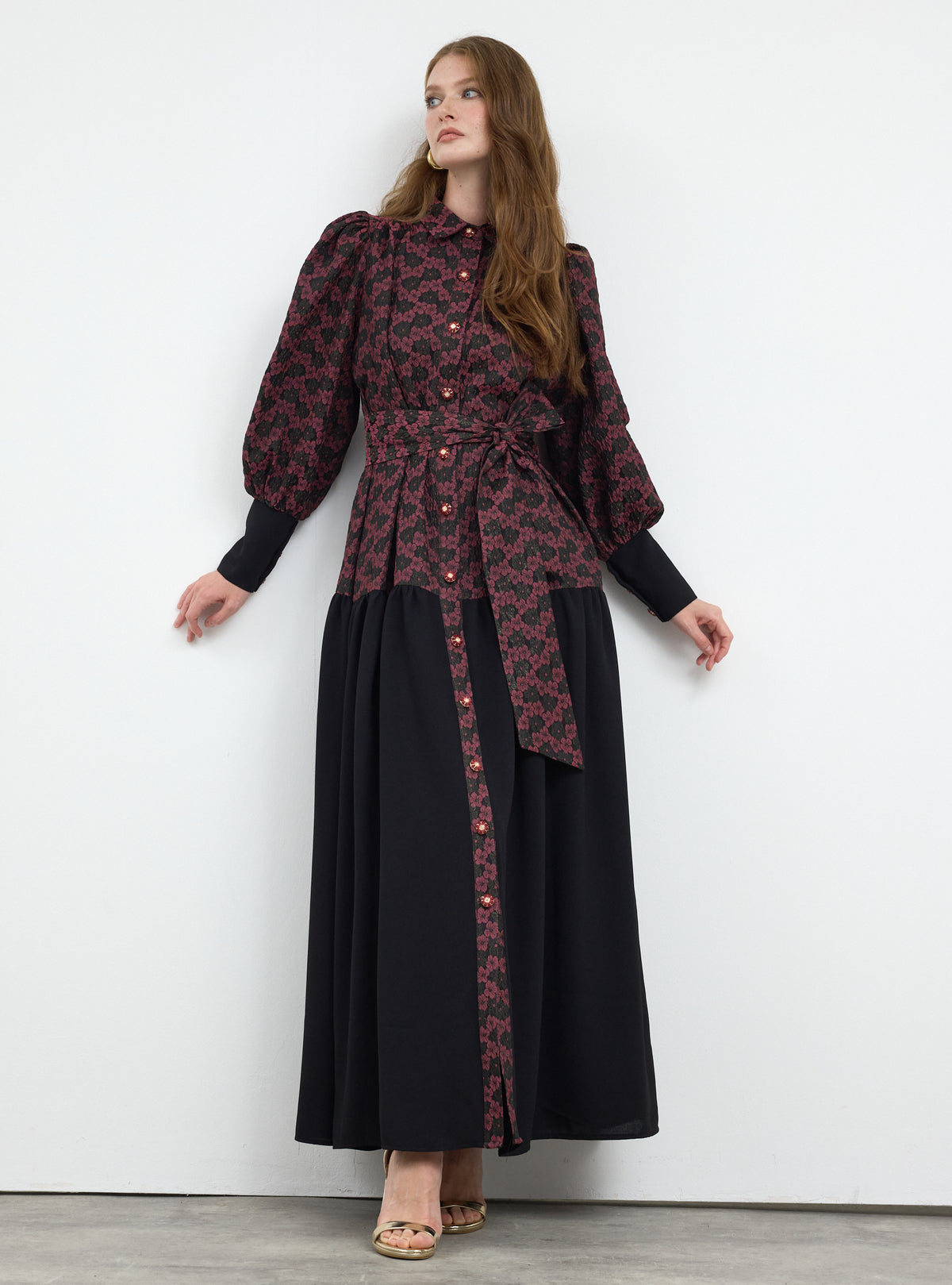 Burgundy Crystal Button Jacquard Maxi Dress