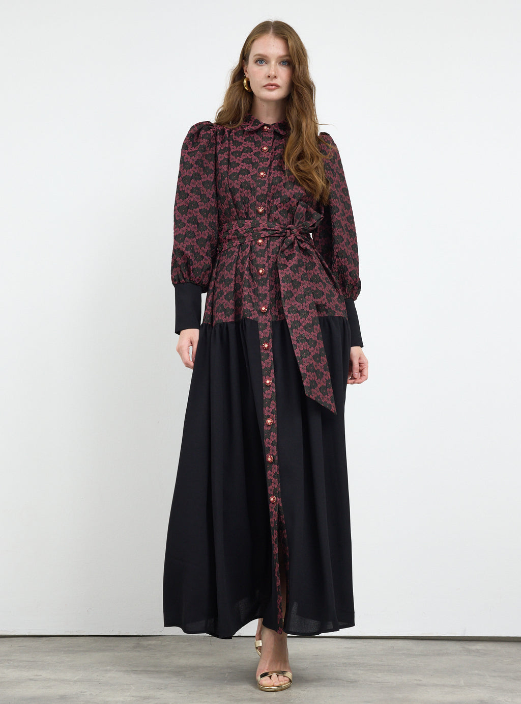 Burgundy Crystal Button Jacquard Maxi Dress