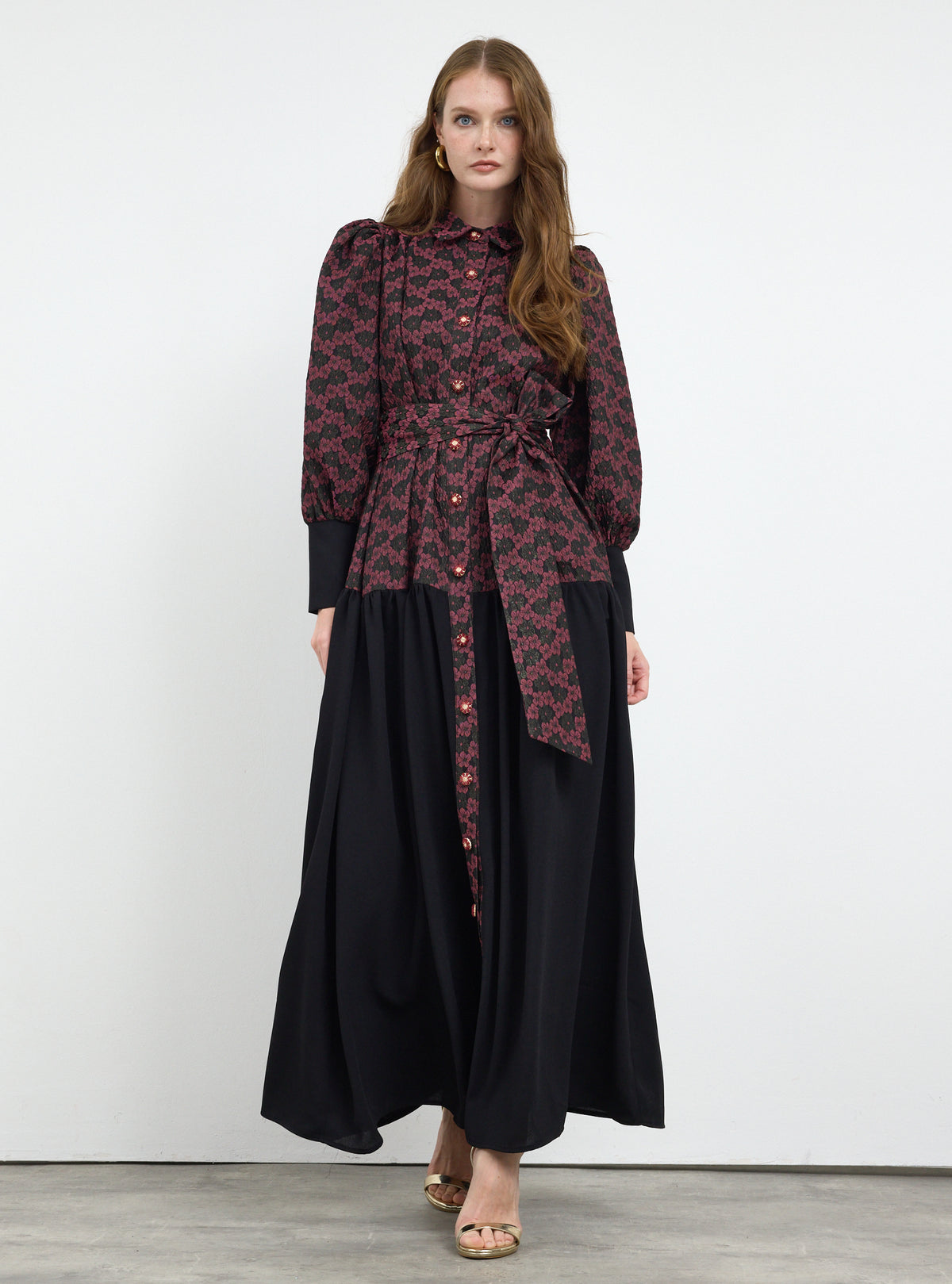 Burgundy Crystal Button Jacquard Maxi Dress