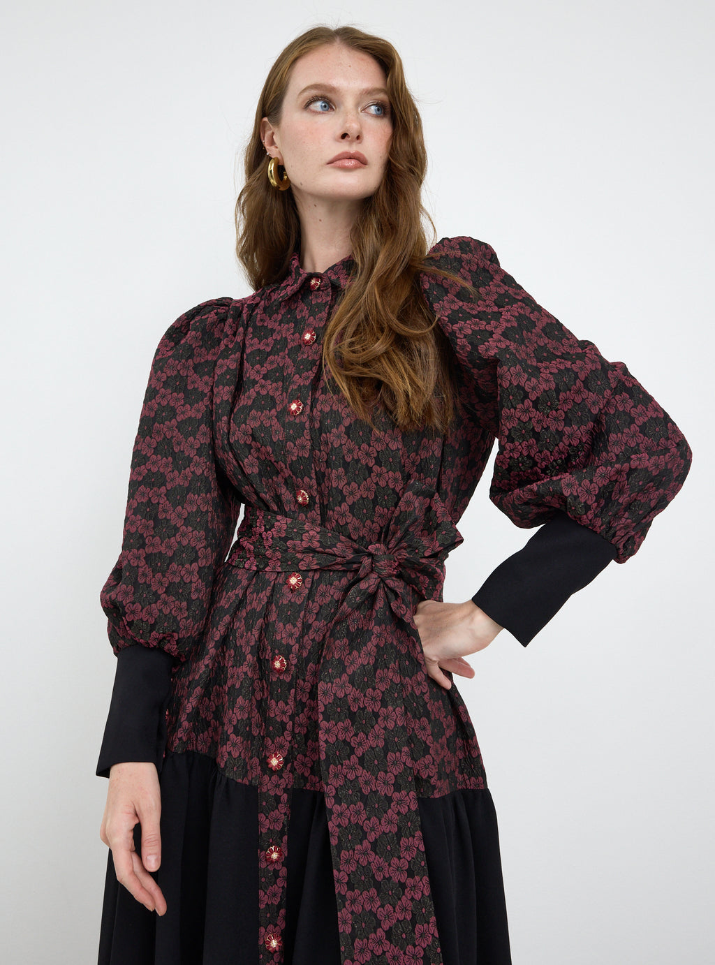 Burgundy Crystal Button Jacquard Maxi Dress