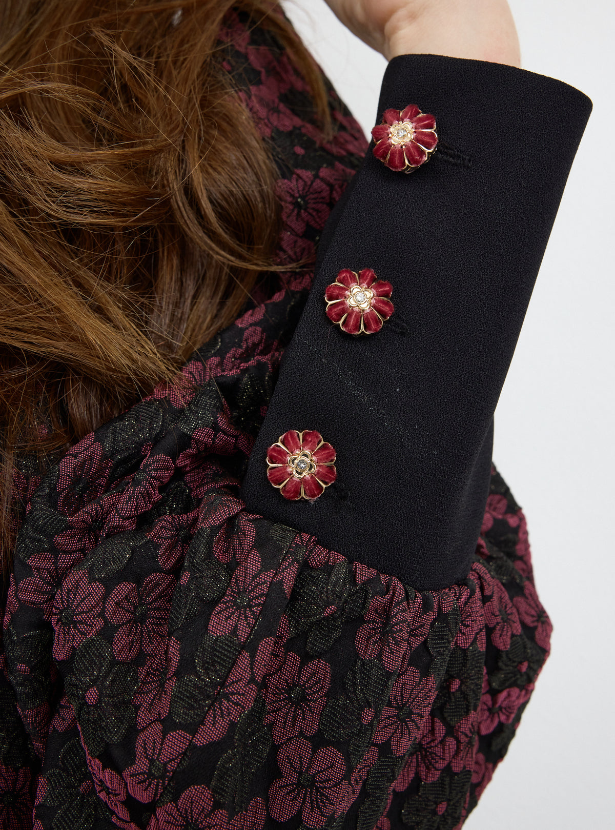 Burgundy Crystal Button Jacquard Maxi Dress