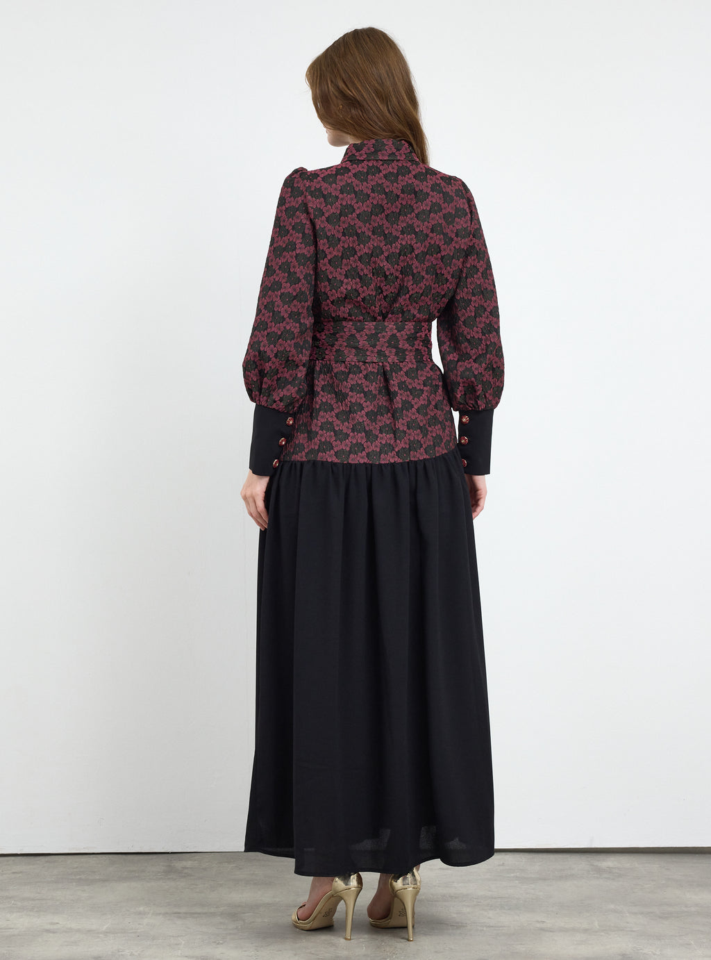 Burgundy Crystal Button Jacquard Maxi Dress