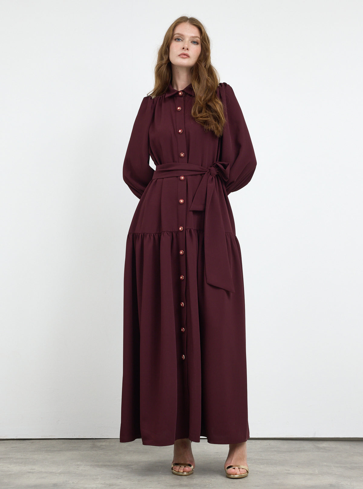 Burgundy Crystal Button Maxi Dress