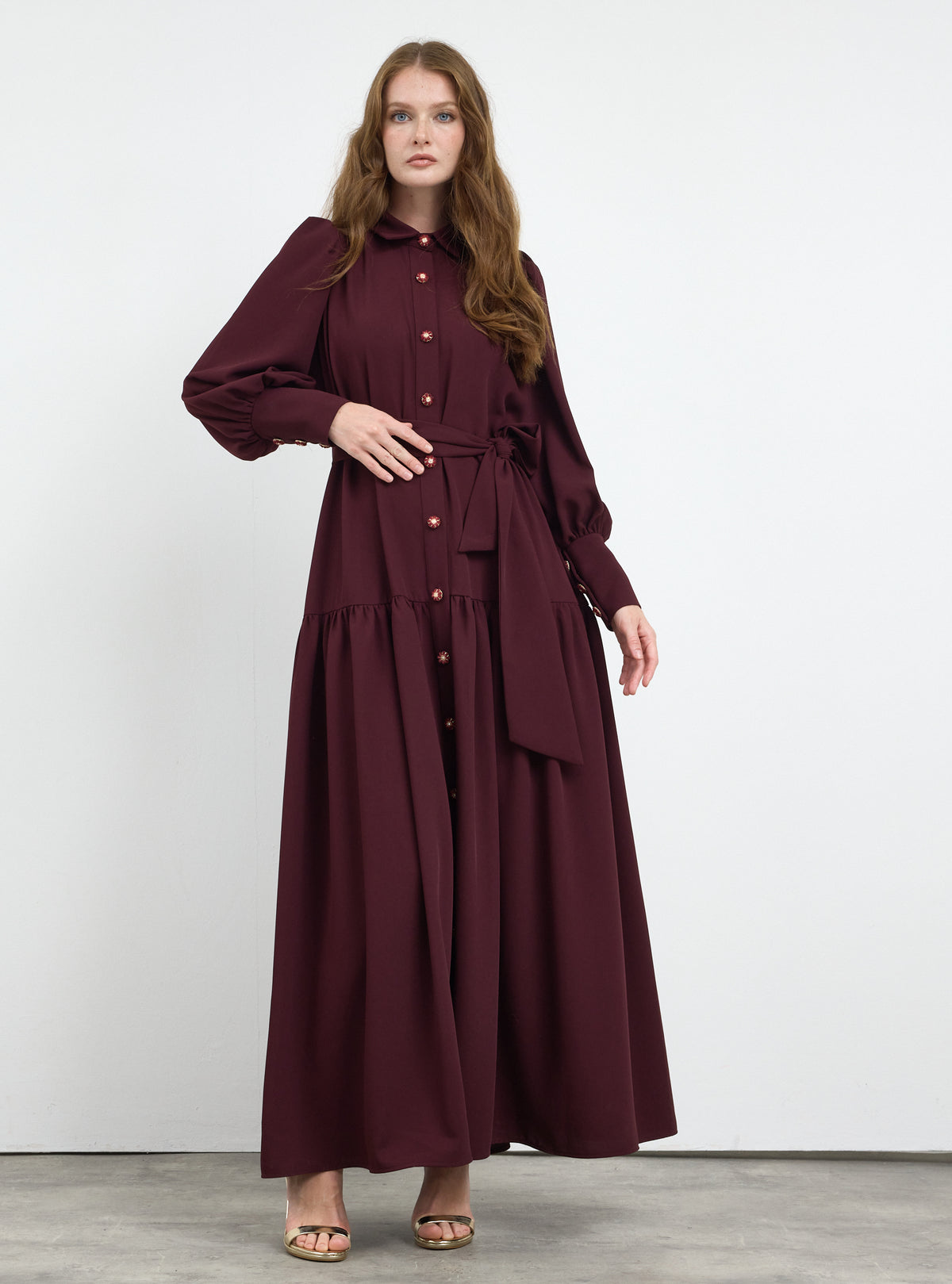 Burgundy Crystal Button Maxi Dress