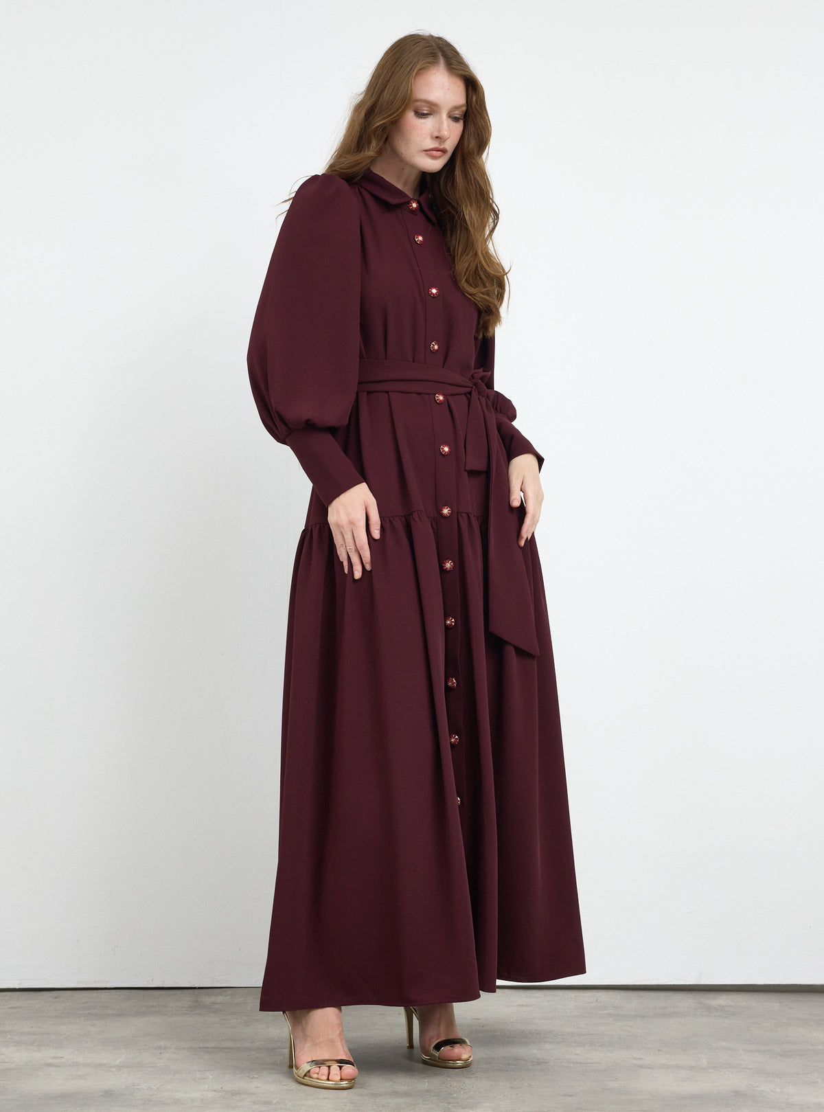 Burgundy Crystal Button Maxi Dress