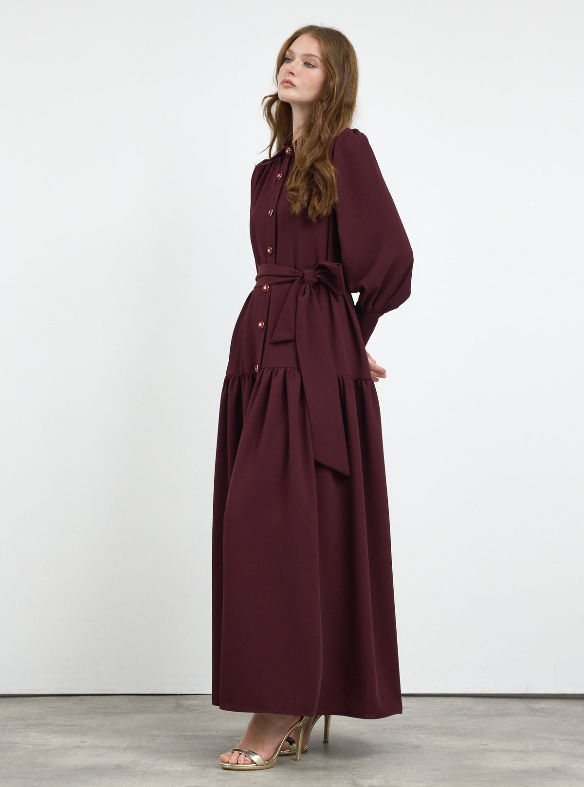 Burgundy Crystal Button Maxi Dress