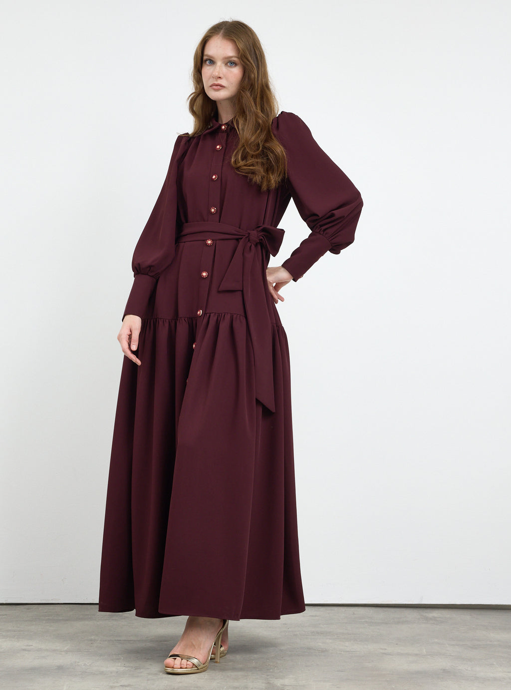 Burgundy Crystal Button Maxi Dress
