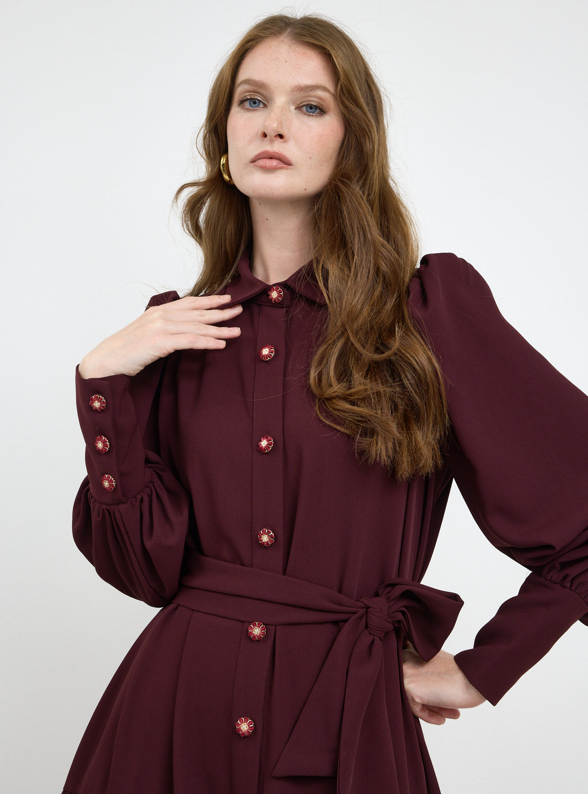 Burgundy Crystal Button Maxi Dress