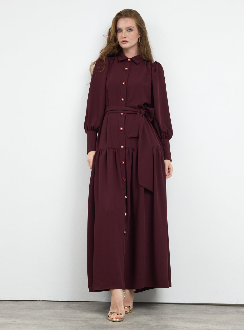 Burgundy Crystal Button Maxi Dress