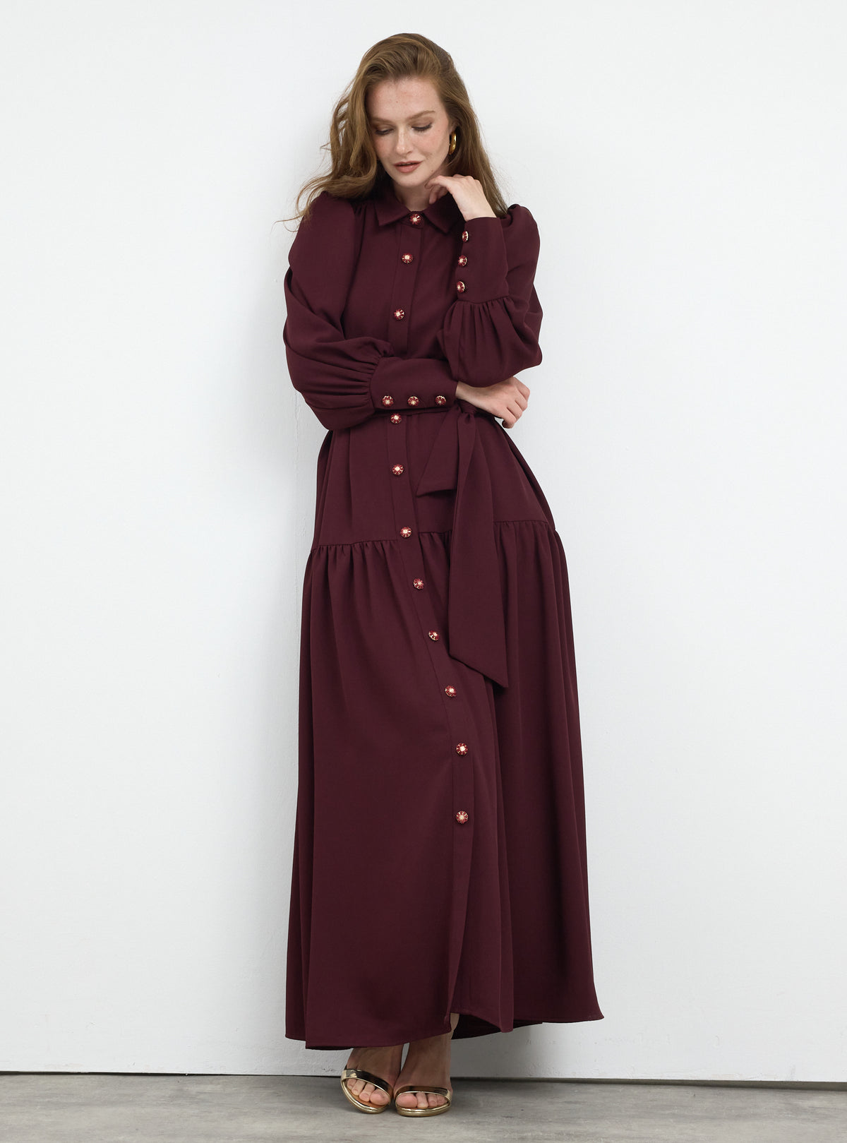 Burgundy Crystal Button Maxi Dress