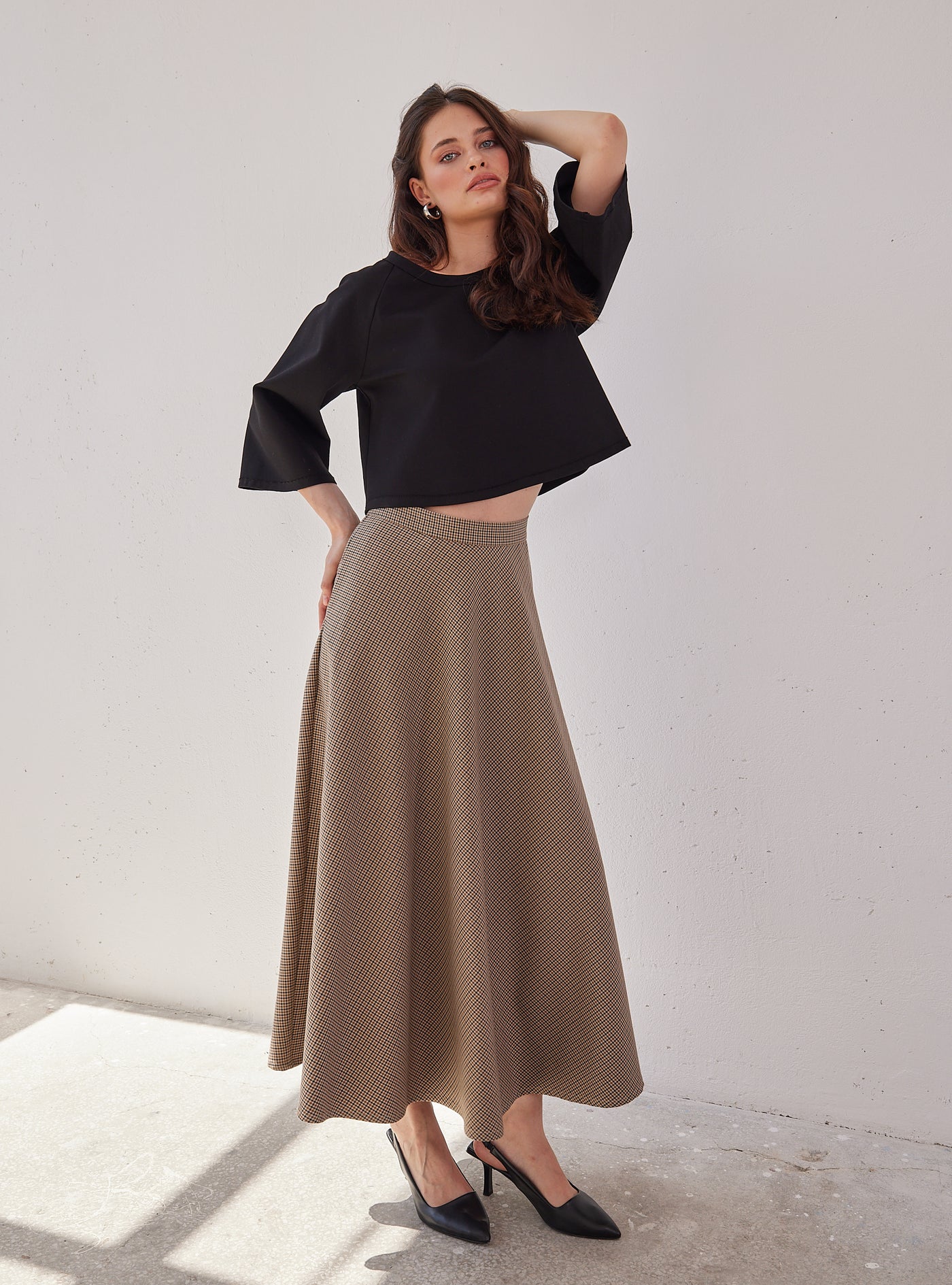 Maxi Length Light Brown Check Skirt