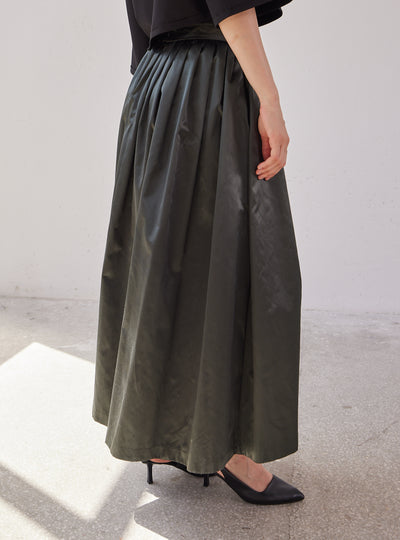 Dark Green Satin Maxi Pleated Skirt