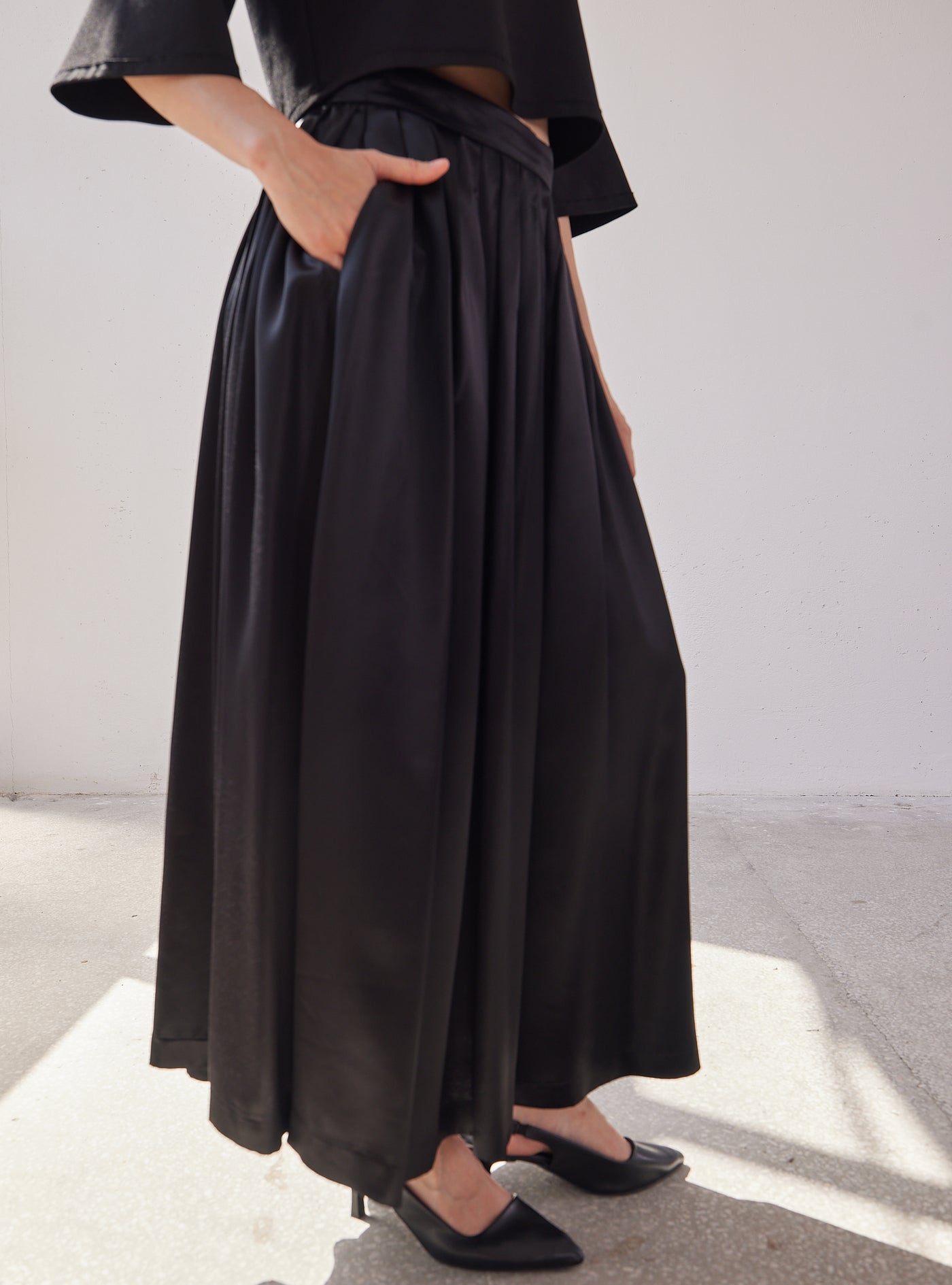 Black Satin Maxi Pleated Skirt