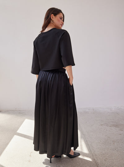 Black Satin Maxi Pleated Skirt