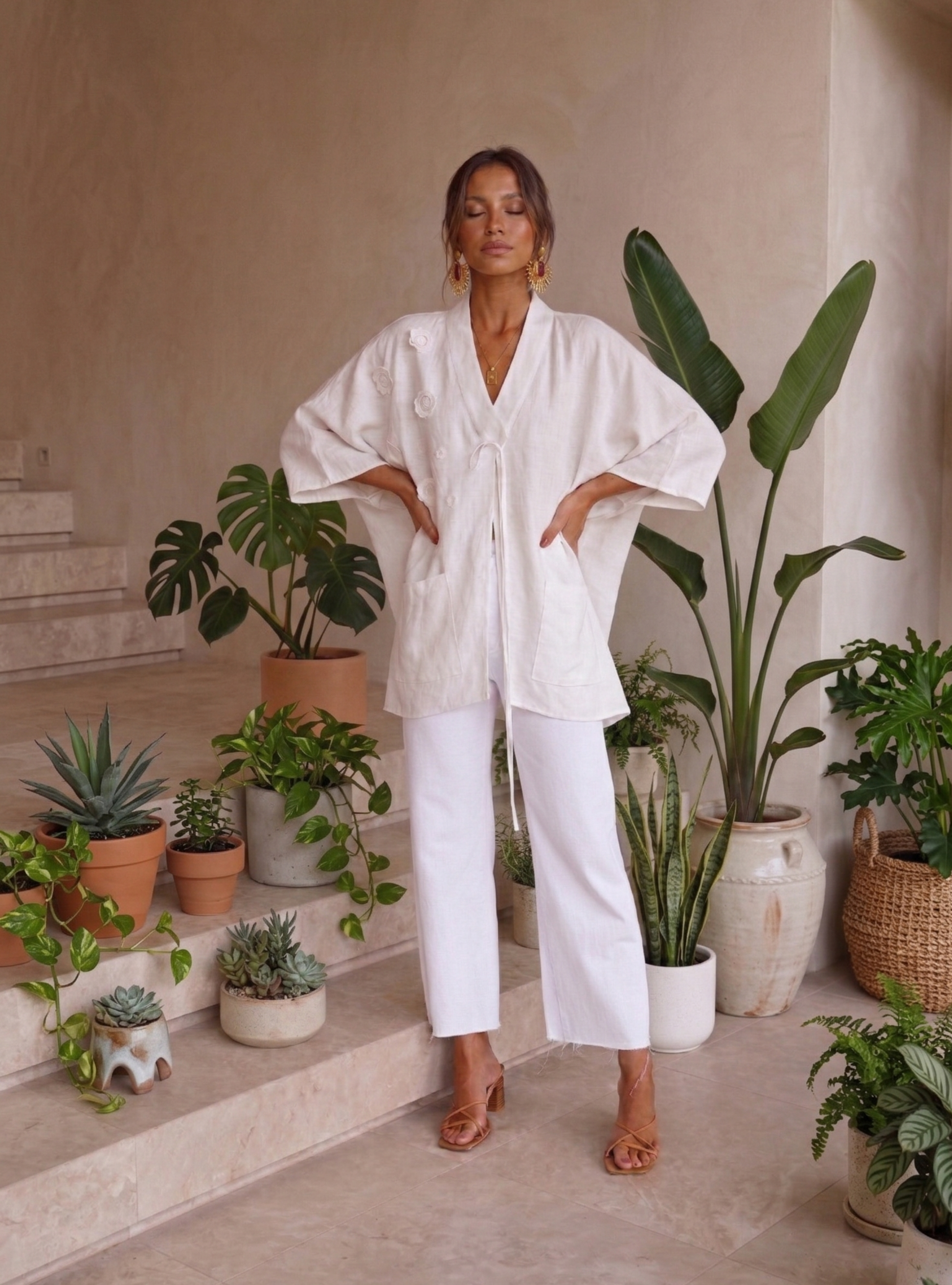 100% Washed Linen White Kimono