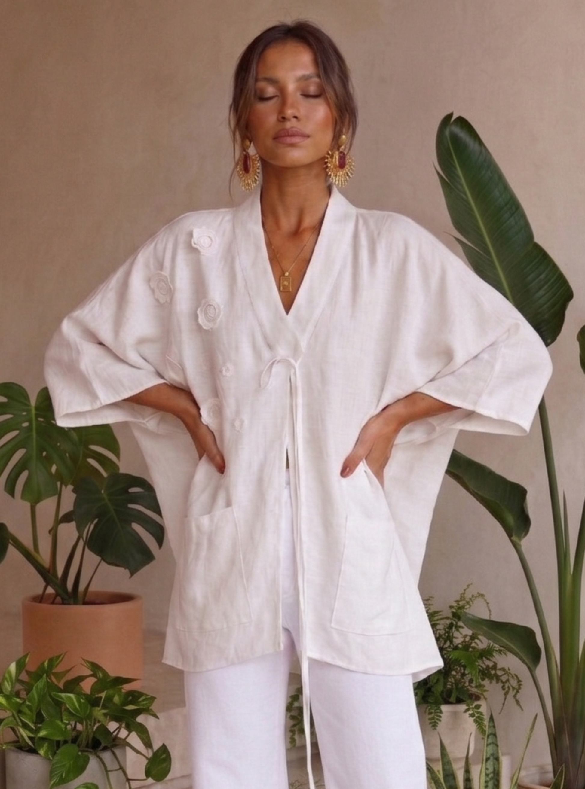 100% Washed Linen White Kimono
