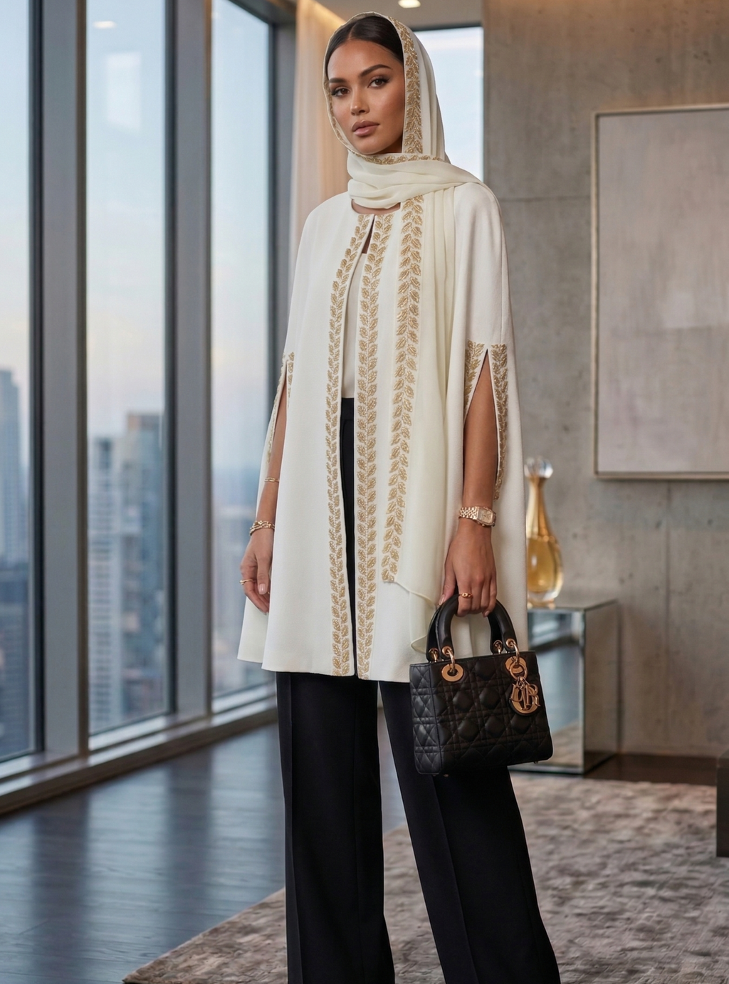 White Embellished Cape With Embellished Scarf Set - Store WF